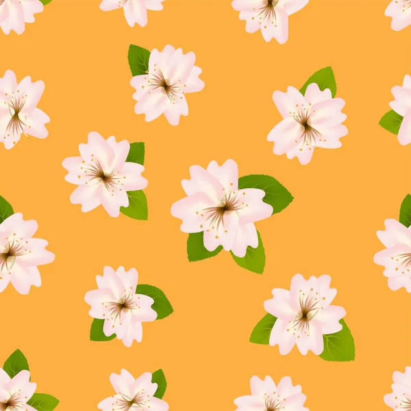 春の桜の花。日本の桜とのシームレスなパターン。オレンジ色の背景にピンクの花。ロマンチックなベクトル図. — ストックベクタ