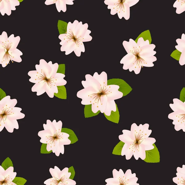 Flori de cireșe de primăvară. Model fără sudură cu sakura japoneză. Flori roz pe fundal negru. Ilustrație vectorială romantică . — Vector de stoc