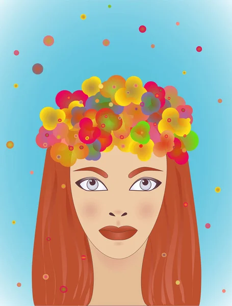 Καλοκαίρι κορίτσι με τα κόκκινα μαλλιά. Φωτεινό ακουαρέλα. Γυναίκα, πρόσωπο. Εικονογράφηση μόδας. Έργα τέχνης ζωγραφισμένα στο χέρι. Κορίτσι με μακριά κόκκινα μαλλιά και μπλε μάτια. Καλοκαίρι λουλούδια στο κεφάλι της. — Διανυσματικό Αρχείο