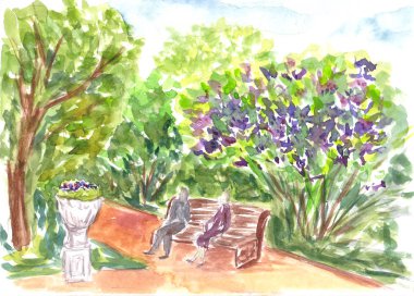 Park, doğa, açık. Elle çizilmiş kroki. Canlı suluboya resim. Renkli sanat suluboya manzara ağaçlar ve çalılar. Aquarelle parlak illüstrasyon. Yaz görünümü. Bankta oturan insanlar