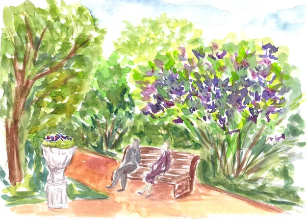 Parc Nature Extérieur Croquis Dessiné Main Aquarelle Vibrante Peinture Oeuvre — Photo