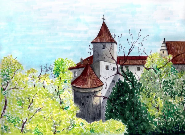 Point Repère Coloré Illustration Château Médiéval Oeuvre Pittoresque Croquis Marqueurs — Photo