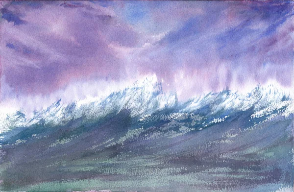 Sea Waves.Storm Watercolor painting. Blue, turquoise and purple colors. Hand painted seascape. Clouds over Water surface. Horizontal Design. — Stock Photo, Image