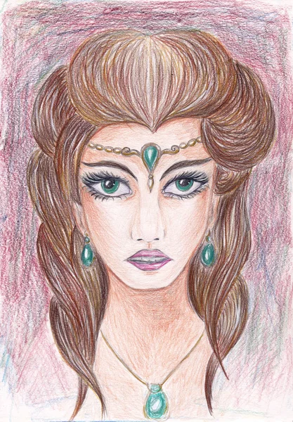 신비한 숲의 요정 색연필 기법입니다. 녹색 눈과 갈색 머리 여신입니다. 녹색 돌으로 보석입니다. 판타지 이야기 또는 동화 그림입니다. 아름 다운 여자 초상화 — 스톡 사진