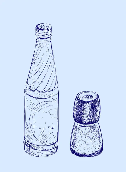 Moinho de sal e pimenta desenhado à mão, agitador, moedor e garrafa de água. Desenho vetorial ilustração sobre fundo azul claro. Desenho de linha de tinta. Estilo Doodle. Gravura vintage . —  Vetores de Stock