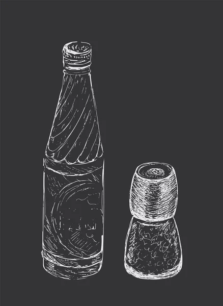 Molino de sal y pimienta extraído a mano, agitador, molinillo y botella de agua. Dibujo vectorial ilustración sobre fondo gris oscuro. Línea blanca Dibujo. Al estilo Doodle. Grabado vintage. Imitación pizarra . — Vector de stock