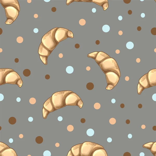 Vzor bezešvé s béžové croissanty na šedém pozadí. Pekárna a cukrárna design. Tradiční francouzská snídaně, lahodný dezert. Vektorové ilustrace potravin. Plakát, balicí papír, textil — Stockový vektor