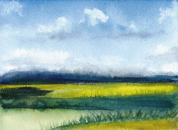 Aquarelle de paysage d'été avec des montagnes, ciel bleu, nuages, clairière verte. Fond peint à la main abstrait. Papier texturé. Nature dessinée à la main. Illustration de campagne avec collines et herbe . — Photo