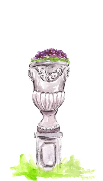 Utomhus och park dekorativt element: antika marmor vas i gammal stil. Akvarellmålning. Handritad illustration. Våren eller sommaren lila blommor. Isolerad på vit bakgrund. — Stockfoto