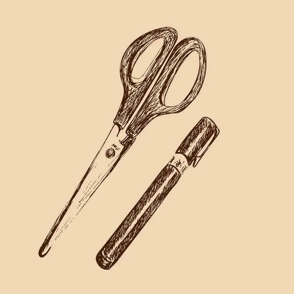 Hand drawn sketch of scissors and pen on light beige background. Stationary and office supplies. Vector engraving illustration. Set of school elements. — Stock Vector