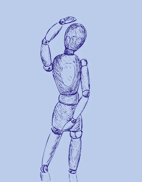 Esboço desenhado à mão de gestalta boneca de madeira isolado no fundo azul claro. Ilustração vetorial de linha de tinta em Manequim. Gravura vintage . — Vetor de Stock