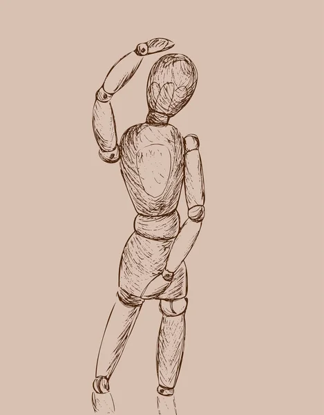 Sketsa gambar tangan dari boneka kayu gestalta terisolasi di latar belakang hitam. Garis putih vektor ilustrasi pada Mannequin. Ukiran model lama . - Stok Vektor