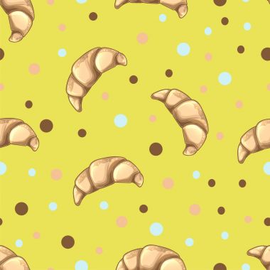 Sarı zemin üzerine bej kruvasan ile Seamless modeli. Ekmek ve pastane tasarım. Geleneksel Fransız Kahvaltı, lezzetli tatlı. Vektör yiyecek çizim. Poster, ambalaj kağıdı, tekstil