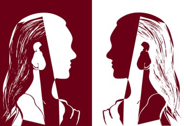 İki kız birbirine bakarak uzun saçlı. Kırmızı ve beyaz vektör çizim. Kadın baş silüeti. Güzel bir genç kız profil. Moda kavramı. Geometrik soyut çizim.
