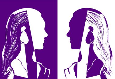 İki kız birbirine bakarak uzun saçlı. Mor ve beyaz vektör çizim. Kadın baş silüeti. Güzel bir genç kız profil. Moda kavramı. Geometrik soyut çizim.