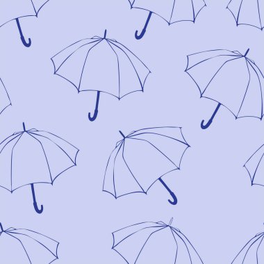 Doodle şemsiye ile Seamless modeli. Kumaş, kumaş, duvar kağıdı, kağıt ambalaj için. Vektör çizim. Elle çizilmiş kroki. Mavi arka plan üzerinde çizgi çizme