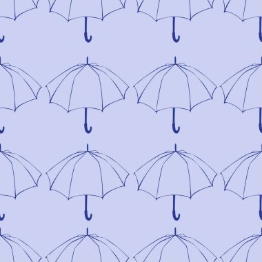 Doodle şemsiye ile Seamless modeli. Kumaş, kumaş, duvar kağıdı, kağıt ambalaj için. Vektör çizim. Elle çizilmiş kroki. Mavi arka plan üzerinde çizgi çizme. 
