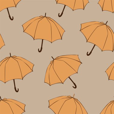 Doodle şemsiye ile Seamless modeli. Kumaş, kumaş, duvar kağıdı, kağıt ambalaj için. Vektör çizim. Sonbahar el çizilmiş kroki. Bej renkli arka plan üzerinde turuncu öğeler.