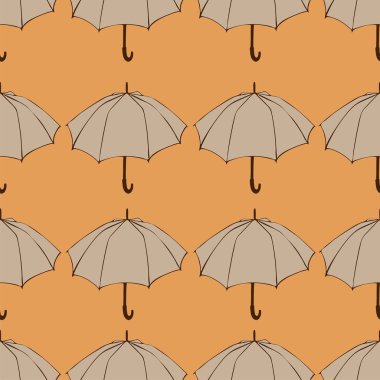 Doodle şemsiye ile Seamless modeli. Kumaş, kumaş, duvar kağıdı, kağıt ambalaj için. Vektör çizim. Sonbahar el çizilmiş kroki. Turuncu zemin üzerine bej öğeleri.