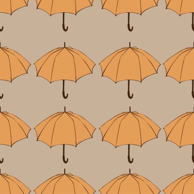 Doodle şemsiye ile Seamless modeli. Kumaş, kumaş, duvar kağıdı, kağıt ambalaj için. Vektör çizim. Sonbahar el çizilmiş kroki. Bej renkli arka plan üzerinde turuncu öğeler.