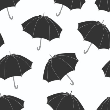 Doodle şemsiye ile Seamless modeli. Kumaş, kumaş, duvar kağıdı, kağıt ambalaj için. Vektör çizim. Elle çizilmiş kroki. Beyaz zemin üzerine koyu gri öğeleri. 