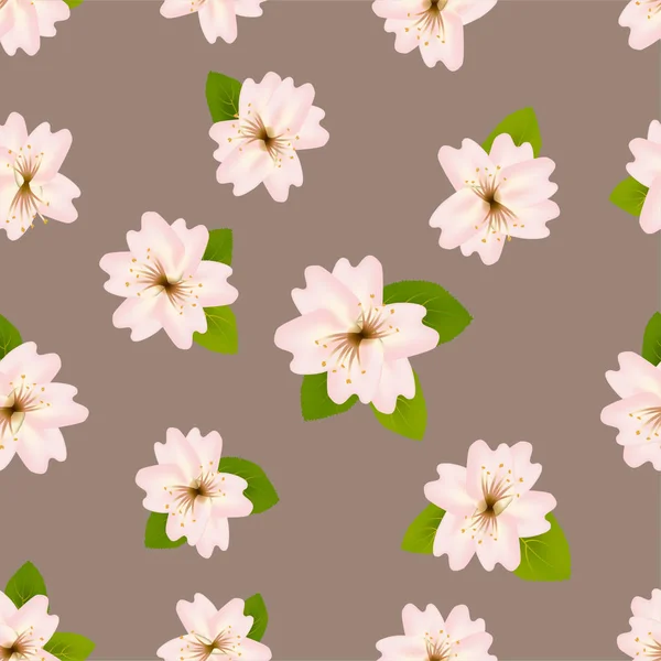 Fiori di ciliegio primaverili. Modello senza cuciture con sakura giapponese. Fiori rosa su sfondo grigio beige. Illustrazione vettoriale romantica . — Vettoriale Stock