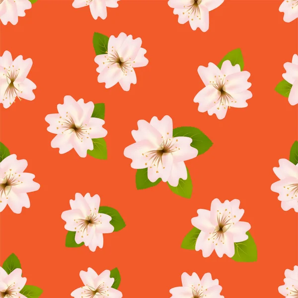 Ανθισμένες κερασιές την άνοιξη. Απρόσκοπτη μοτίβο με ιαπωνικά sakura. Ροζ λουλούδια πάνω σε πορτοκαλί φόντο. Εικονογράφηση ector Romanticv. — Διανυσματικό Αρχείο
