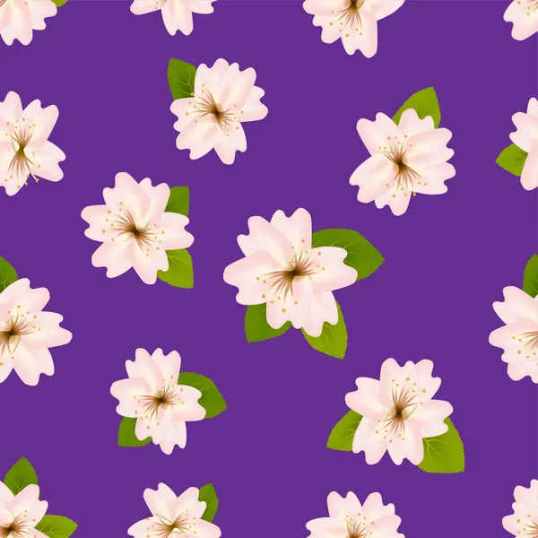 Fiori di ciliegio primaverili. Modello senza cuciture con sakura giapponese. Fiori rosa su sfondo viola. Illustrazione vettoriale romantica . — Vettoriale Stock