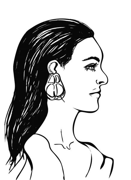 Belle femme aux longs cheveux noirs. Visage féminin de profil. icône de la mode pour salon de beauté. Profil de jeune fille sensuelle sur fond blanc. Dessin noir. Illustration vectorielle isolée. SPE . — Image vectorielle