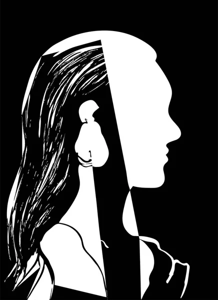 Sziluettjét nő fejét. Profil, egy szép fiatal lány hosszú hajjal. Fekete-fehér vektoros illusztráció. Divat fogalmát. Geometrikus, absztrakt rajz. — Stock Vector