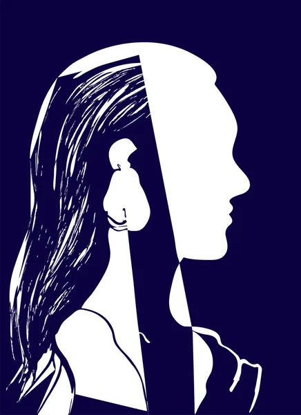 Siluet kepala wanita. Profil seorang gadis muda cantik dengan rambut panjang. Ilustrasi vektor biru dan putih. Konsep fashion. Gambar abstrak geometris . - Stok Vektor