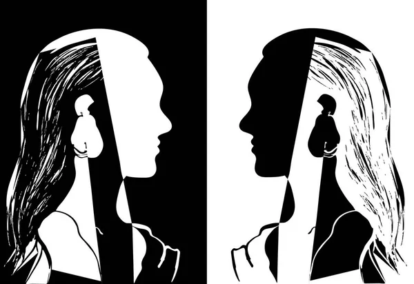 Dos chicas con el pelo largo mirándose. Ilustración de vectores blanco y negro. Silueta de cabeza de mujer. Perfil de una hermosa joven. Concepto de moda. Dibujo abstracto geométrico . — Archivo Imágenes Vectoriales