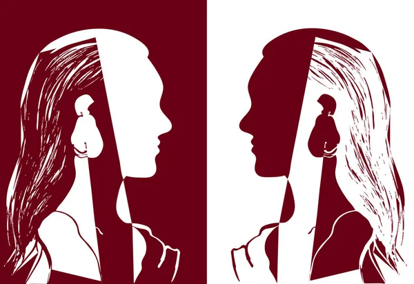 Dos chicas con el pelo largo mirándose. Ilustración vectorial roja y blanca. Silueta de cabeza de mujer. Perfil de una hermosa joven. Concepto de moda. Dibujo abstracto geométrico . — Archivo Imágenes Vectoriales