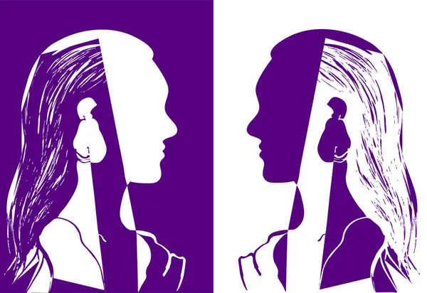 Twee meisjes met lang haar, op zoek naar elkaar. Paarse en witte vectorillustratie. Silhouet van het hoofd van de vrouw. Profiel van een mooi jong meisje. Fashion concept. Geometrische abstracte tekening. — Stockvector