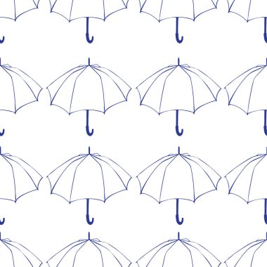 Doodle şemsiye ile Seamless modeli. Kumaş, kumaş, duvar kağıdı, kağıt ambalaj için. Vektör çizim. Elle çizilmiş kroki. Beyaz zemin üzerine mavi çizgi çizme. 