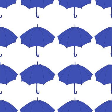 Doodle şemsiye ile Seamless modeli. Kumaş, kumaş, duvar kağıdı, kağıt ambalaj için. Vektör çizim. Elle çizilmiş kroki. Beyaz zemin üzerine mavi öğeleri.