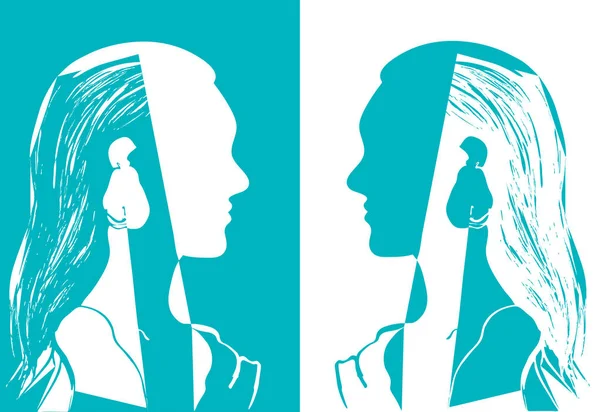 Twee meisjes met lang haar, op zoek naar elkaar. Turquoise en witte vectorillustratie. Silhouet van het hoofd van de vrouw. Profiel van een mooi jong meisje. Fashion concept. Geometrische abstracte tekening. — Stockvector