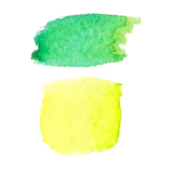 Set di macchie astratte. Colori verde e giallo. Luminoso sfondo creativo. Texture acquerello con pennellate. Macchie isolate su sfondo bianco. Design colorato alla moda. Dipinto a mano. EPS vettoriale . — Vettoriale Stock