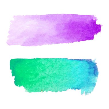 Soyut lekeleri kümesi. Mor ve yeşil mavi renkleri. Parlak yaratıcı yatay zemin. Sulu Boya doku fırça darbeleriyle. Göl kenarında beyaz arka planda noktalar. Modern renkli tasarım. El boyalı