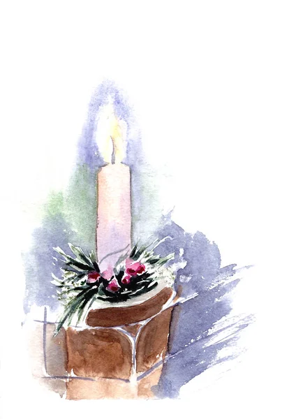 在白色背景上燃烧蜡烛和圣诞装饰 水彩手画插图 神奇的节日气氛 老式卡 — 图库照片