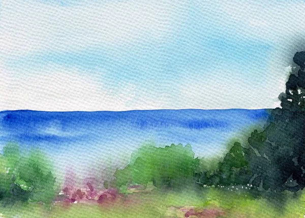 Summer Landscape Lake River Forest Meadow Beautiful Scenery Watercolor Illustration — Stock Photo, Image