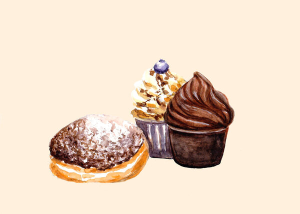Tasty Chocolate and caramel cupcakes and doughnut on black table. Hand drawn watercolor illustration. 