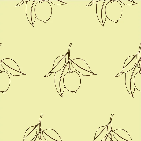 Bezešvé vzory s citronů. Kreslení čar izolováno na žlutém pozadí. Čerstvé ovoce s listy. Letní design. Vektorová ilustrace. — Stockový vektor