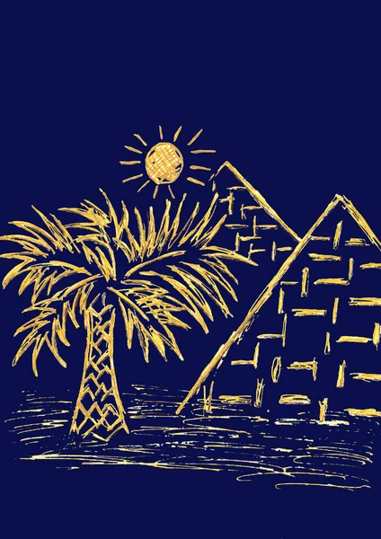 Büyük piramitler, palmiye ağaçları ve güneş. Kahire, Mısır, Afrika. Karalama el çizimi çizimi. Seyahat konsepti. Koyu mavi arkaplan. — Stok fotoğraf