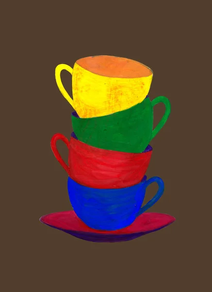 Colorful Tea Cups Isolated Dark Brown Background Gouache Technique Hand — Stock Photo, Image