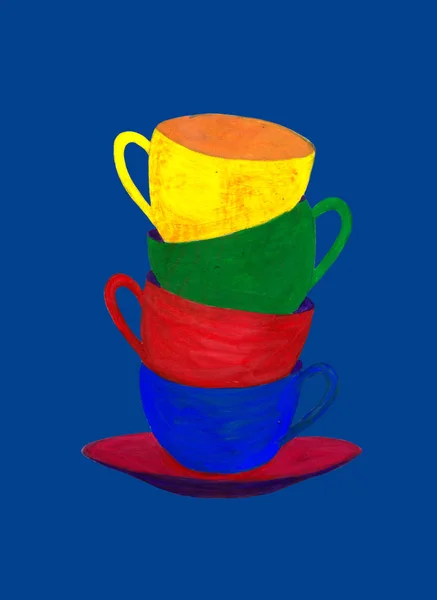 Colorful Tea Cups Isolated Dark Blue Background Gouache Technique Hand — 스톡 사진