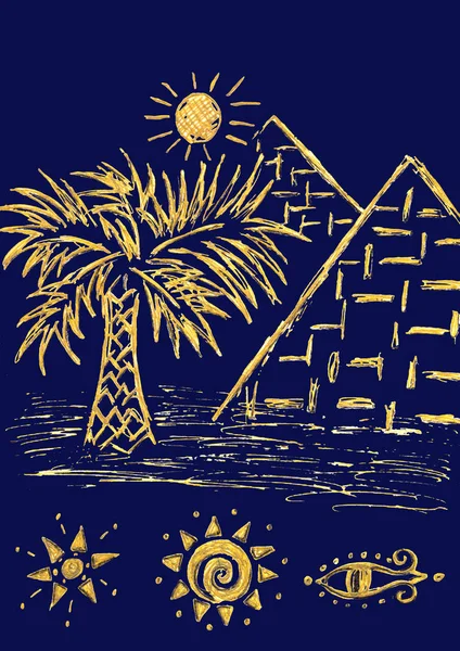 Büyük piramitler ve palmiye ağaçları. Kahire, Mısır, Afrika. Karalama el çizimi çizimi. Seyahat konsepti. Karanlık arka plan. Kutsal Göz, yıldız ve güneş. Felsefe, maneviyat, simya, din sembolü. — Stok fotoğraf