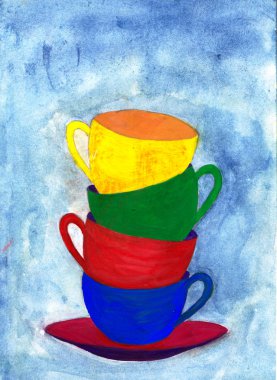 Colorful tea cups isolated on blue watercolor background. Gouache technique. Hand drawn illustration. 