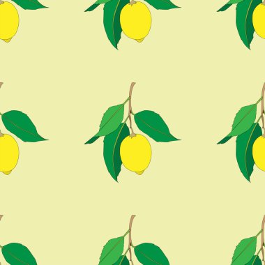 Seamless pattern with lemons  isolated on yellow background. Yellow fresh Fruits with green leaves. Summer design. Colorful wallpaper. Vector illustration.