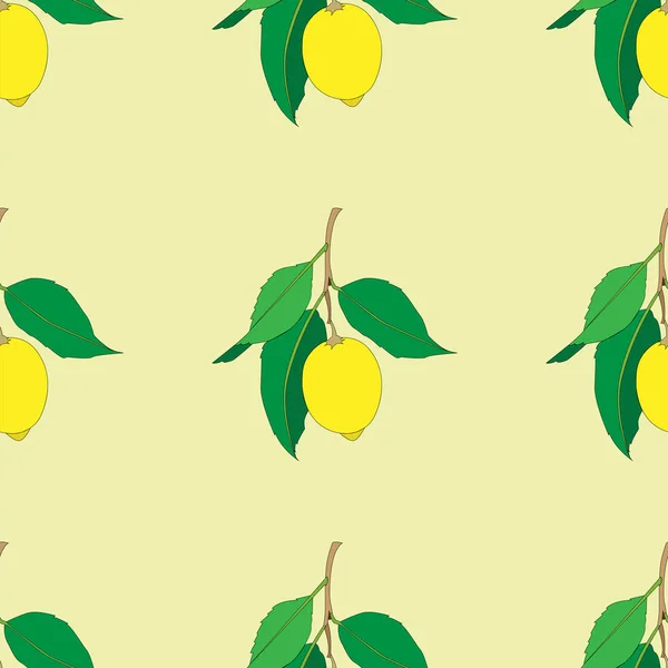 Modèle sans couture avec des citrons isolés sur fond jaune. Fruits frais jaunes aux feuilles vertes. Design d'été. Papier peint coloré. Illustration vectorielle . — Image vectorielle